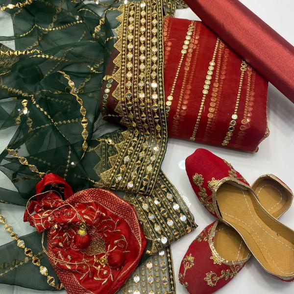 Red Organza Mirror Work Dress – 5 Pcs Unstitched | Luxury Festive Wear