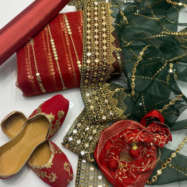 Red Organza Mirror Work Dress – 5 Pcs Unstitched | Luxury Festive Wear