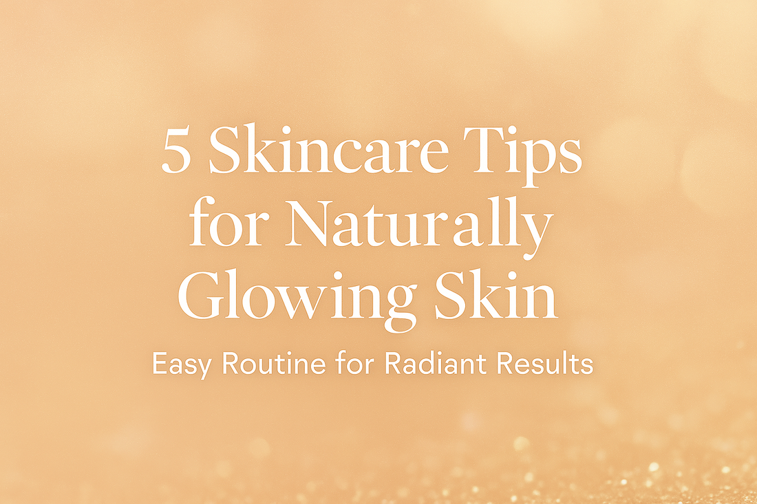 "Premium skincare products displayed on a soft beige background with natural lighting, featuring a face serum, moisturizer, and cleanser — representing tips for naturally glowing skin"