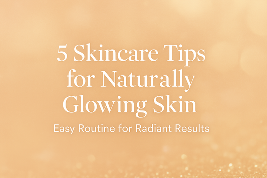 "Premium skincare products displayed on a soft beige background with natural lighting, featuring a face serum, moisturizer, and cleanser — representing tips for naturally glowing skin"