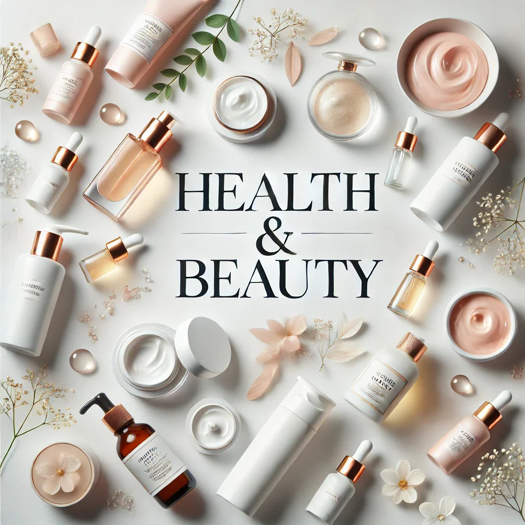 Health & Beauty – Aesthetic skincare and beauty product arrangement featuring creams, serums, and essential oils on a clean, elegant background