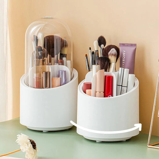 Luxury Makeup Brush Organizer with Dustproof Cover – Rotating Cosmetic Storage Holder