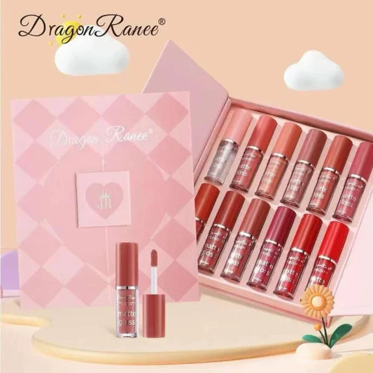 Dragon Ranee 12-Color Matte Lip Gloss Set – Long-lasting Waterproof Liquid Lipstick – High-Pigment Velvet Finish – Ideal for Daily Use, Gifting & Professional Makeup